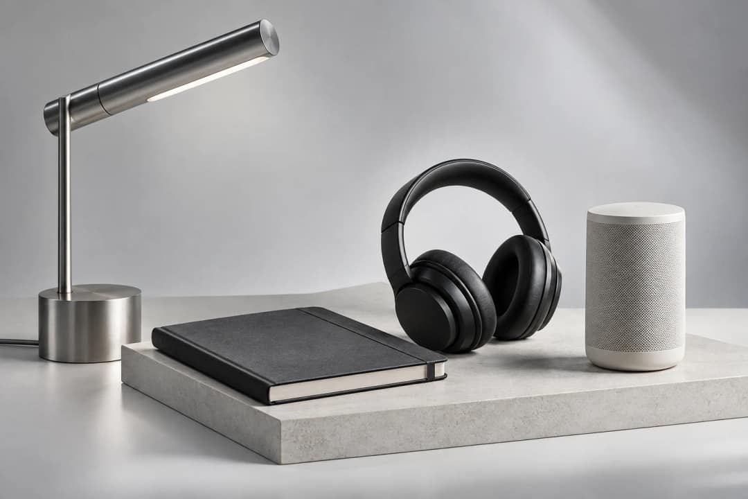 A still life of everyday objects on a neutral desk.