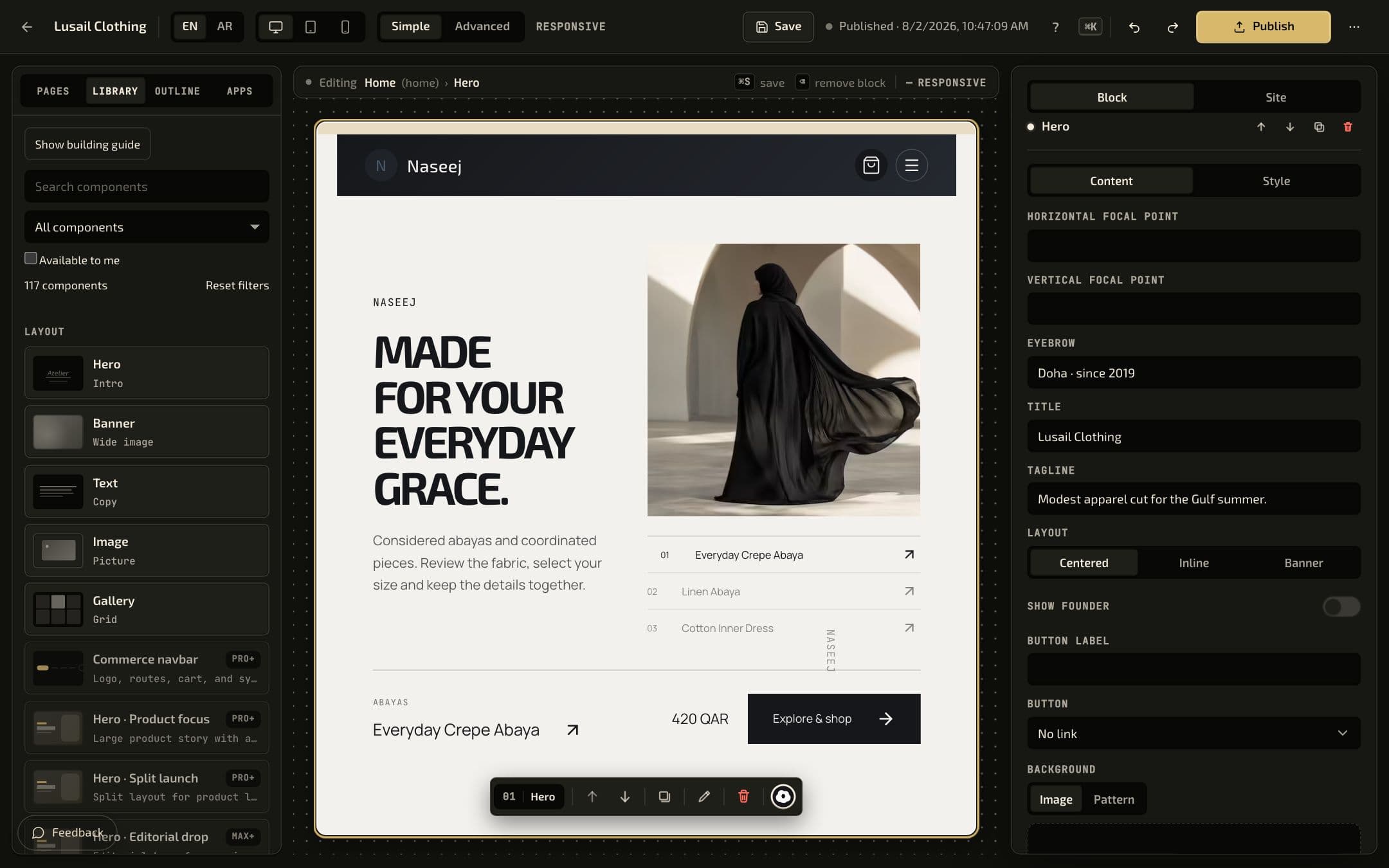 The Souqna builder with the page outline, a live storefront canvas and the block inspector.