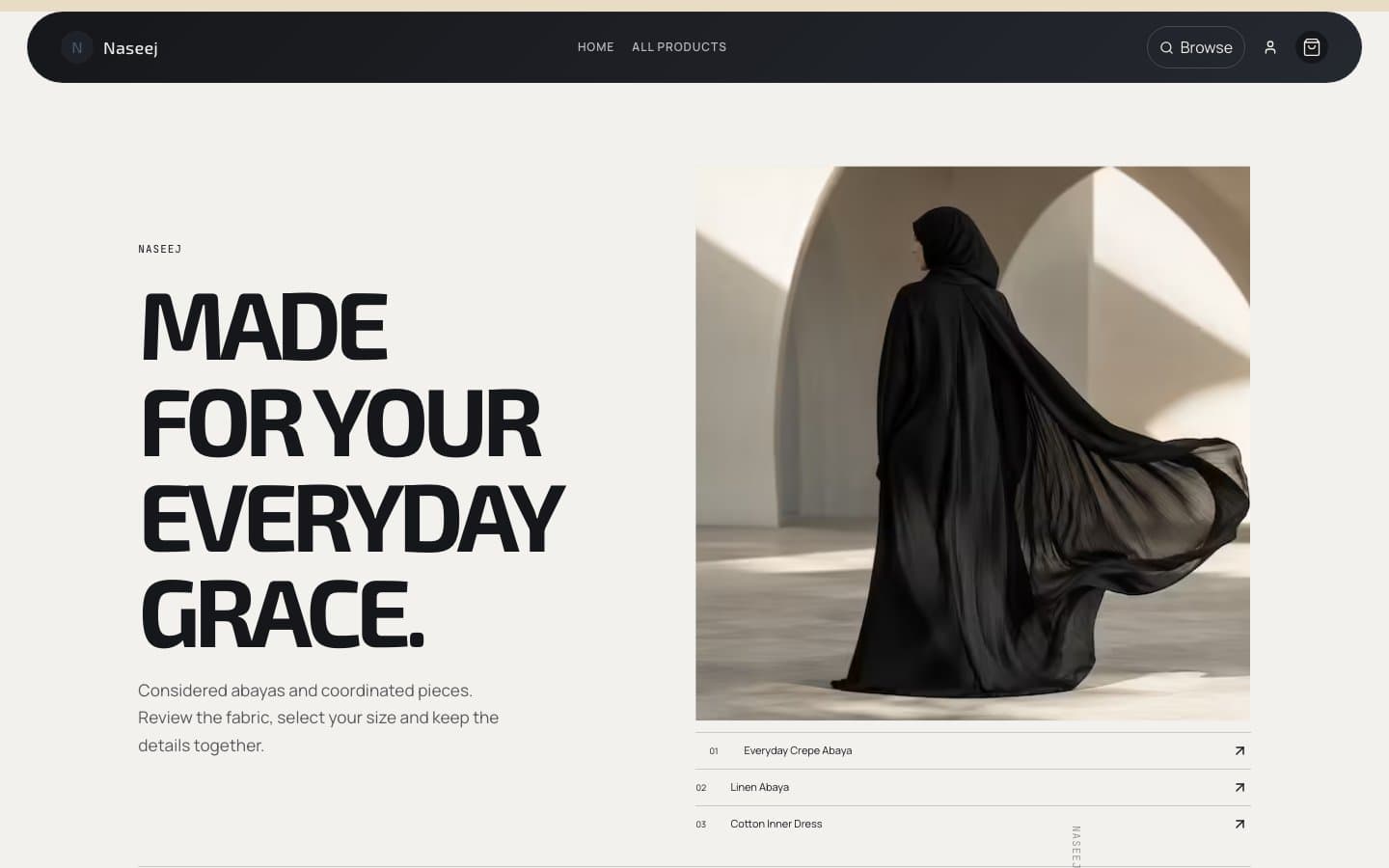 An abaya storefront on the Naseej template, with its hero photo and product list.